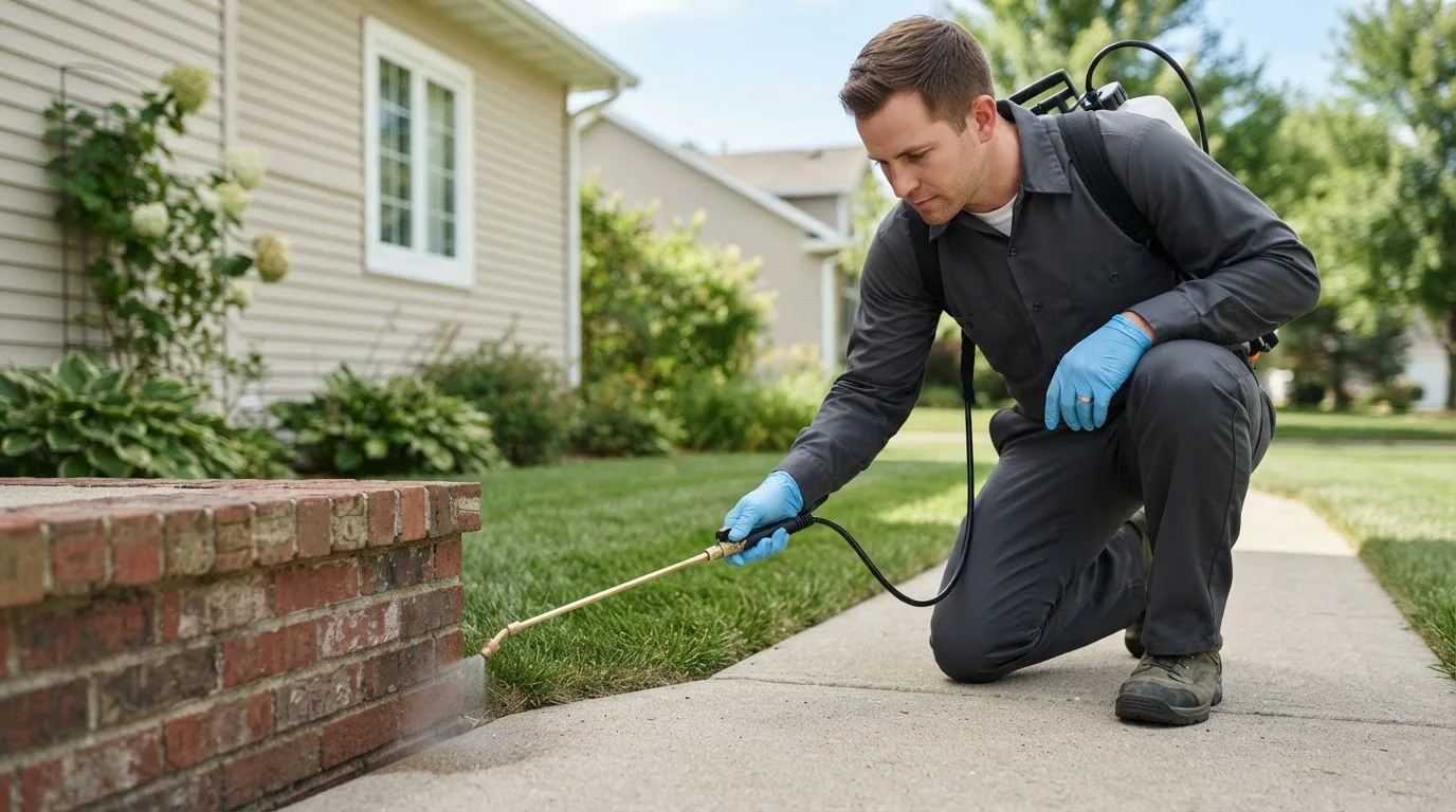 Pest control technician treating a home near Hardin, MO